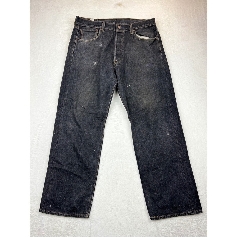 Levis 501 Mens 36x30 Light Distressed Vintage  Inspired Faded Fuzzy‎ Black Jeans